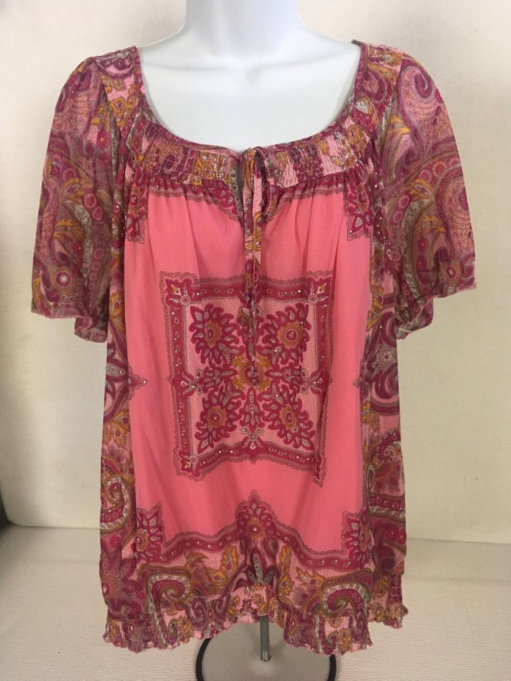 INC Top Women Size 1X Red Pink Orange Floral Scoop Neck Short Sleeves